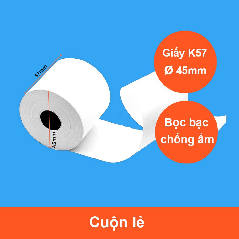 CUỘN GIẤY IN NHIỆT K57/58 PHI 45, BỌC BẠC IN BILL, IN HÓA ĐƠN