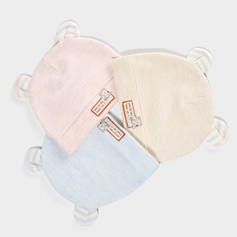 Mũ beanie cotton màu trơn đính tai gấu dễ thương cho bé 0-6 tháng tuổi