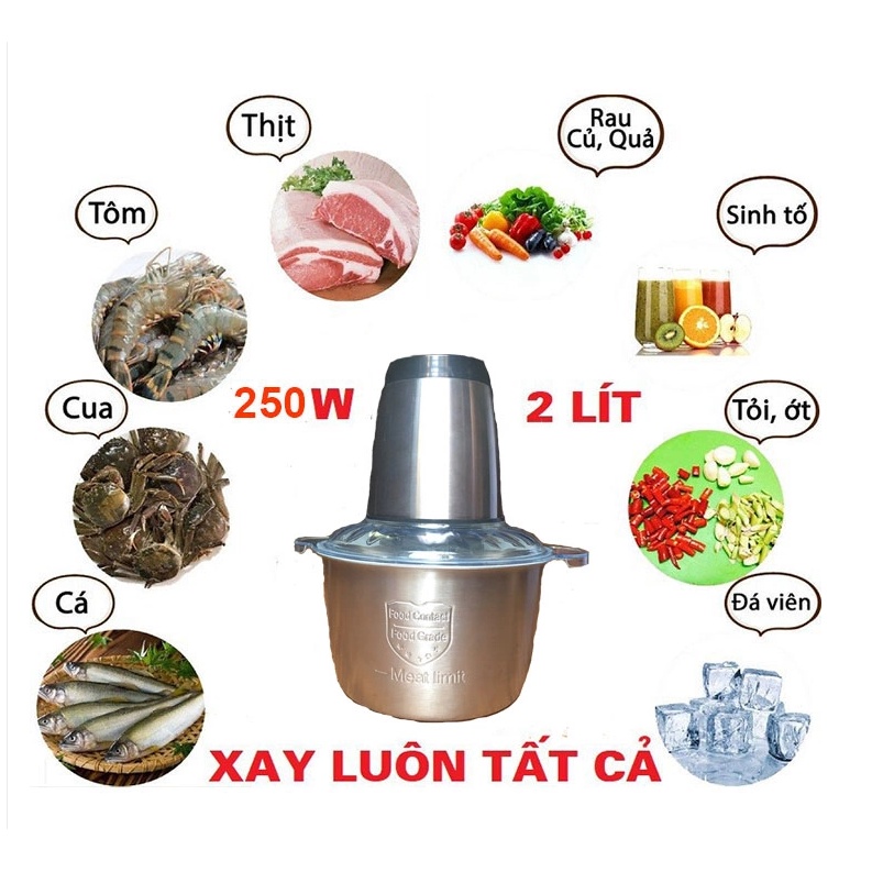 Máy Xay Thịt - Máy Xay Thực Phẩm Cầm Tay Đa Năng Gia Đình Cối Inox 4 Lưỡi Đa Năng Công Suất 250W