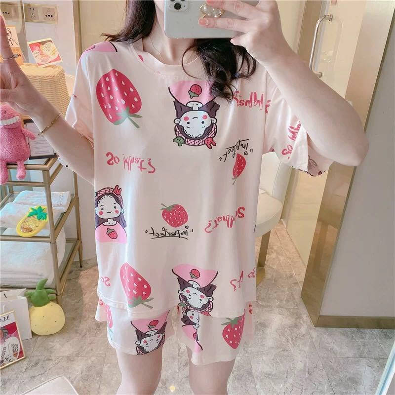 Bộ đồ ngủ cộc hoạt tiết hoạt hình vải thun cotton mát mẻ