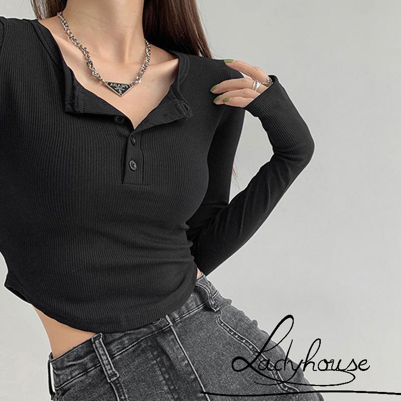 LDD-Women T-shirt Long Sleeve Henley Neck Solid Slim Fit Fall Casual Daily Ladies Tops