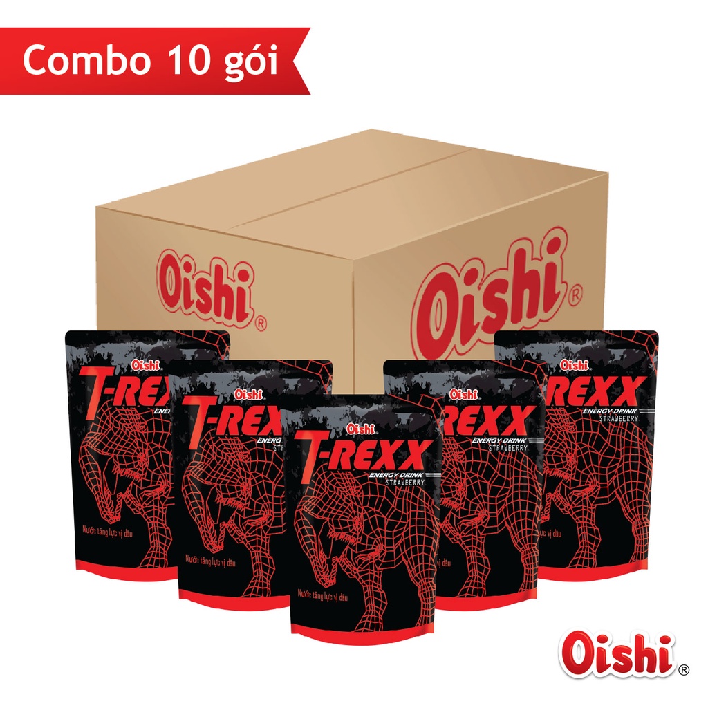 Combo 10 túi Oishi Nước Tăng Lực Vị Dâu T-Rexx (190ml/túi)