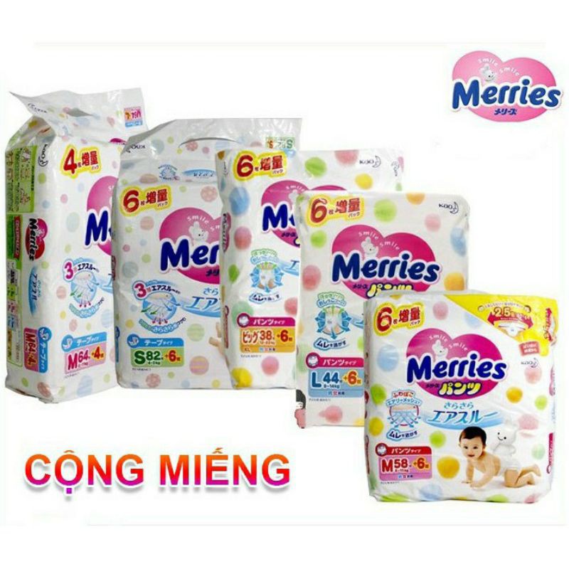 Bỉm Merries Dán/Quần Nội Địa Nhật Cộng Miếng - (Date Mới) NB96/S88/M68/L58/M58+6