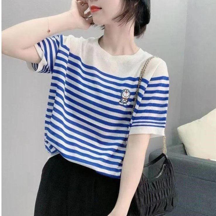 Áo Dệt Kim Ngắn Tay Họa Tiết Kẻ Sọc Hoạt Hình Thời Trang Cho Nữ