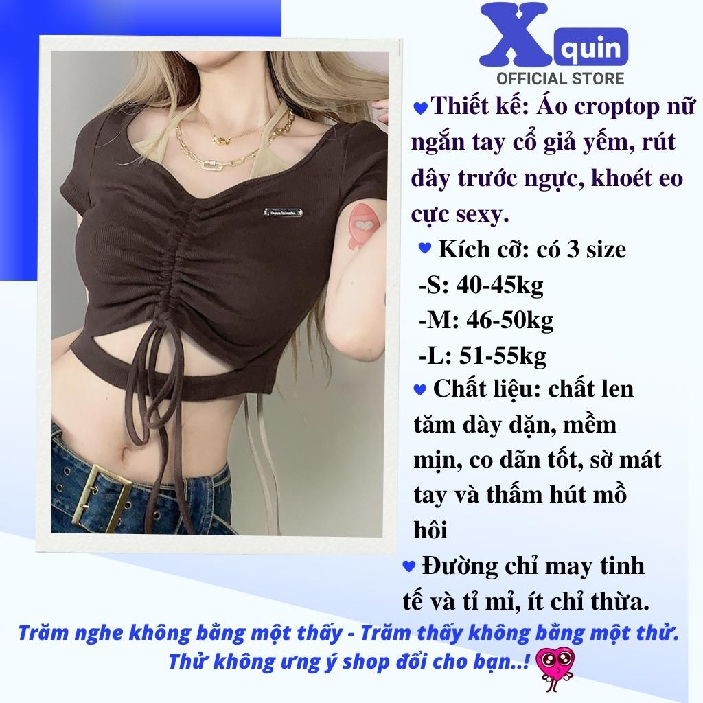 Áo croptop nữ ngắn tay cố giả yếm phối rút dây trước ngực Xquin, Áo kiểu nữ ôm body khoét eo cực sexy
