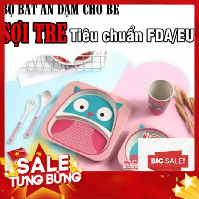 Bộ bát chén khay muỗng ăn dặm cho bé kiểu nhật 5 món đồ kèm thìa dĩa hình thú - bằng sợi tre an toàn FDA/EU