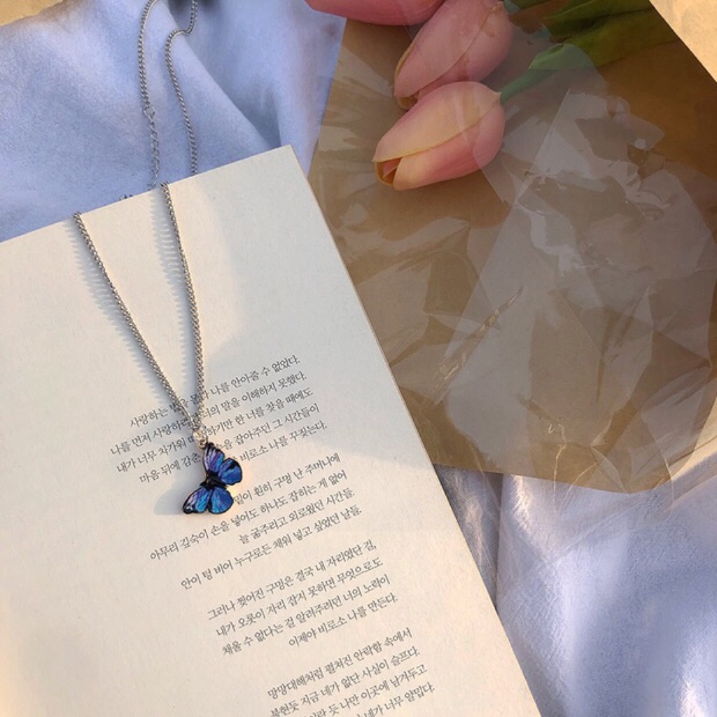 Vòng cổ choker bằng thép titan mặt hình bướm xanh lam phong cách vintage