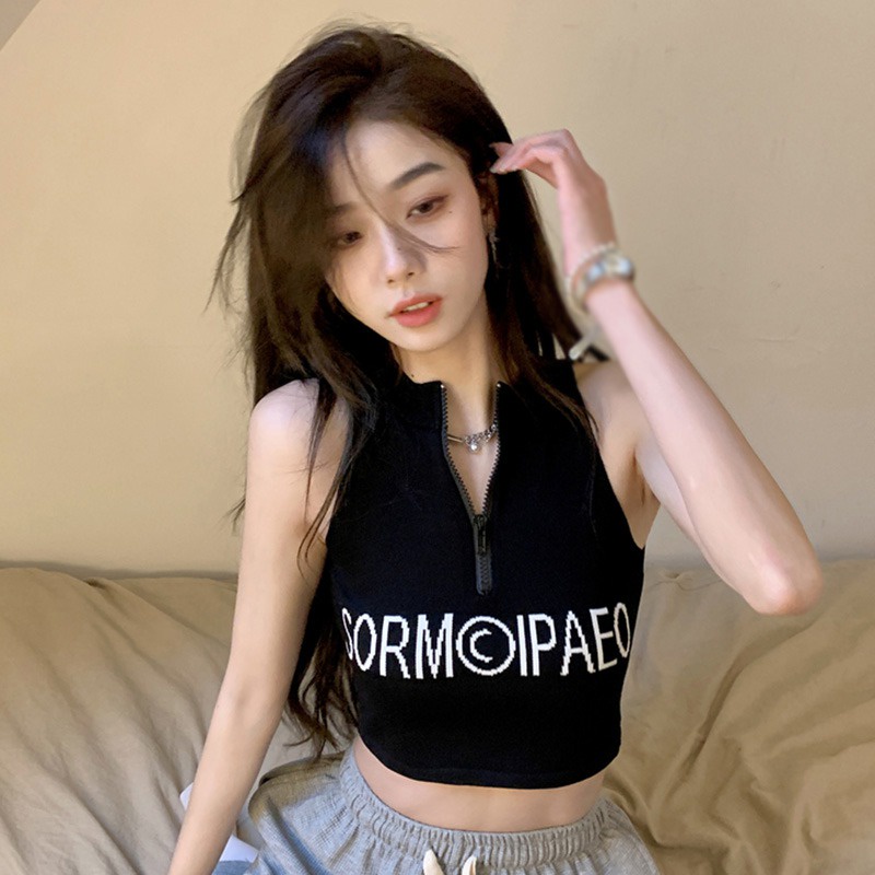Áo Hai Dây Dệt Kim Dáng Ôm In Chữ Thời Trang Cá Tính Cho Nữ
