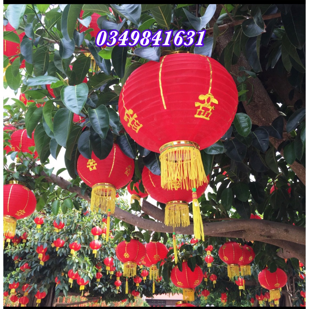 Đèn lồng vải tròn có tua VIỀN VÀNG - màu đỏ - 30cm