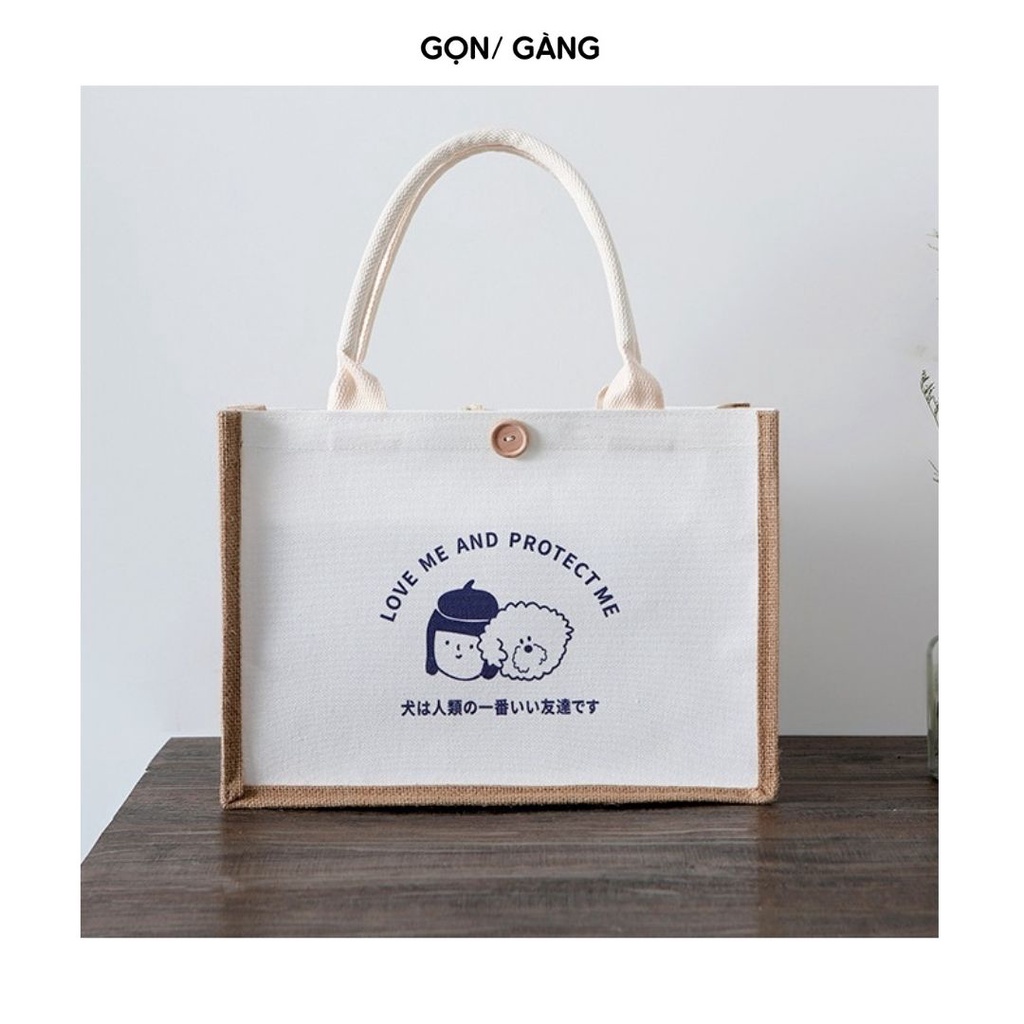Túi cói đi biển du lịch vintage có cúc cài in hình vintage đựng đồ quần áo đứng form chống nước khuy cài Gọn Gàng