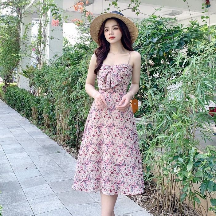 Váy 2 dây hoa ngực nơ V385 KYMIE
