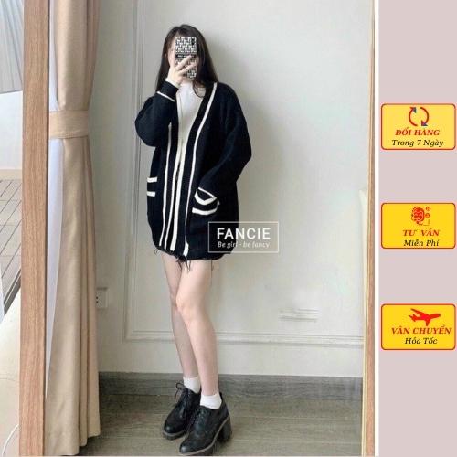 Áo cardigan len nữ oversize dáng dài phom rộng viền đen trắng ulzzang Hàn Quốc mùa thu đông