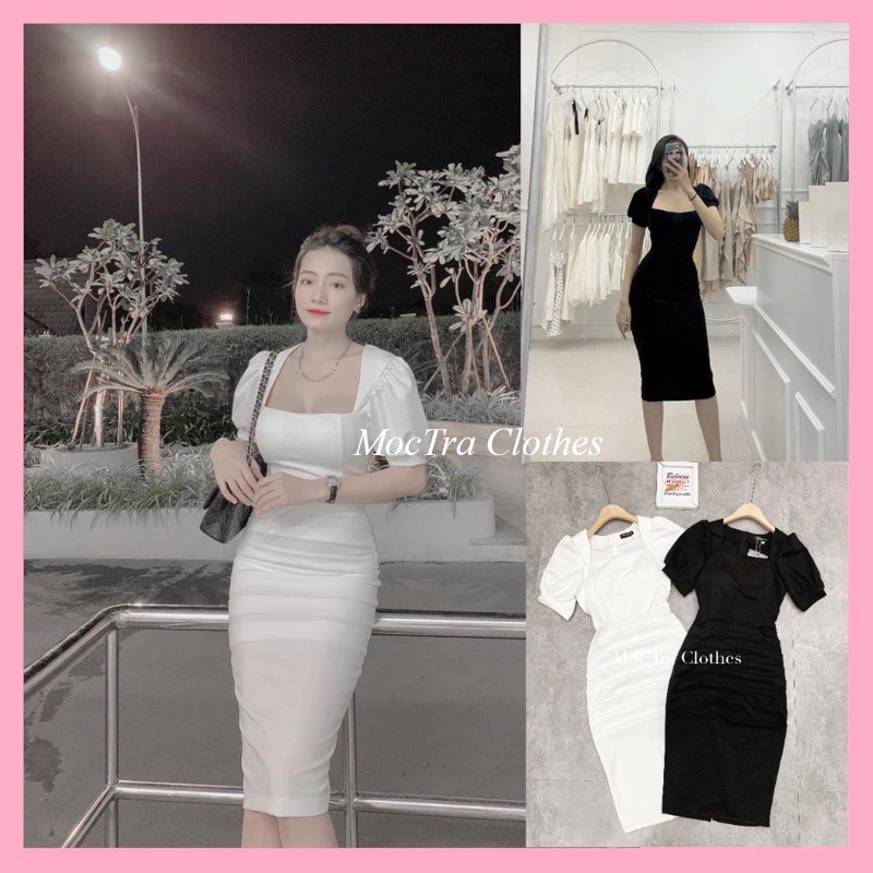 Váy body nữ cổ vuông tay bồng chất umi đẹp 2 màu siêu xinh, Đầm ôm nữ dự tiệc phong cách lịch sự sang trọng