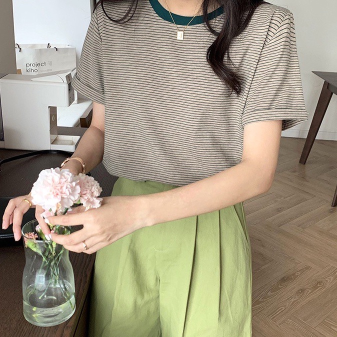 Áo thun cổ tròn tay ngắn họa tiết kẻ sọc phong cách mới năng động 44491