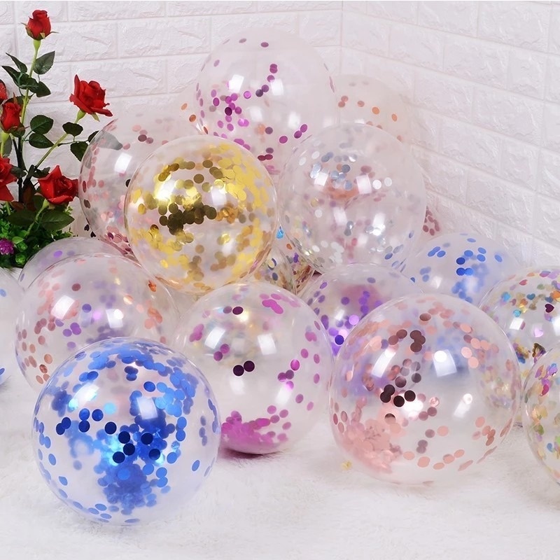 Set 5 Bong Bóng Trong Suốt Phối Hoa Giấy Kim Sa Kích Thước 12 Inch Dùng Trang Trí Tiệc Cưới