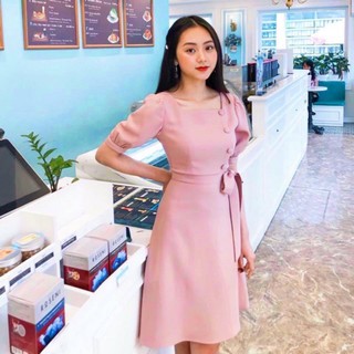 Đầm váy freesize hồng cổ U nút bọc