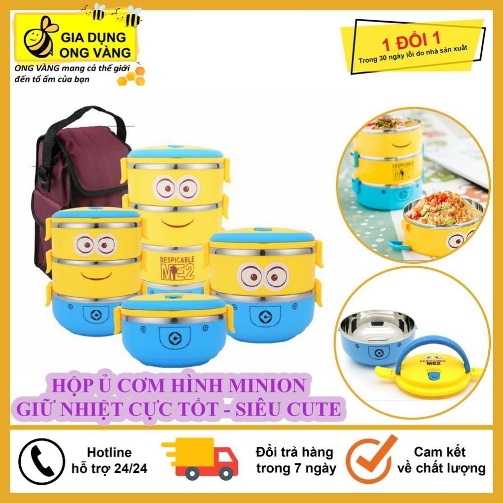 Hộp Cơm, Cặp Lồng Giữ Nhiệt Inox 4 Tầng Có Quai Sách Hình Minion Siêu Cute Đáng Yêu, Hộp Cơm Giữ Cực Tốt