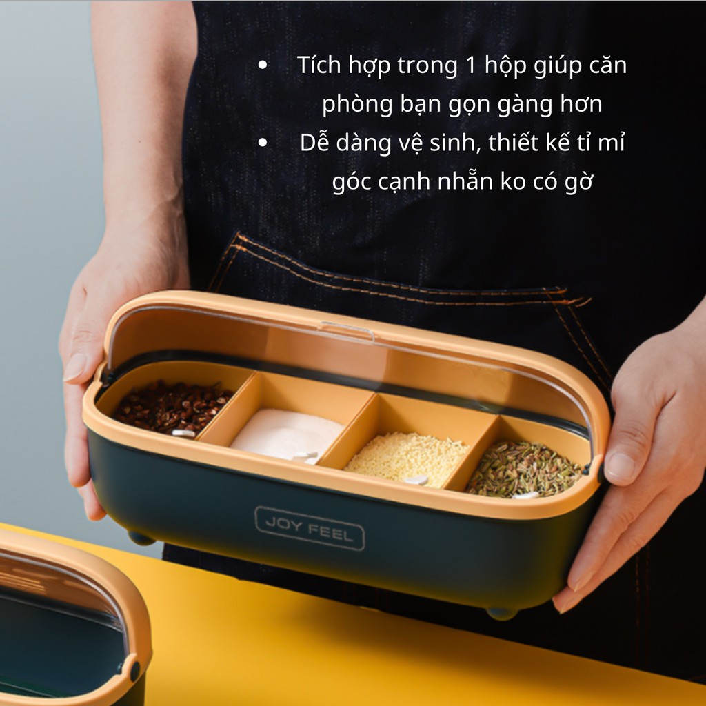 Hộp đựng gia vị 4 ngăn nắp mở trượt kín chắc chắn, lọ đựng gia vị nhà bếp đẹp tiện lợi