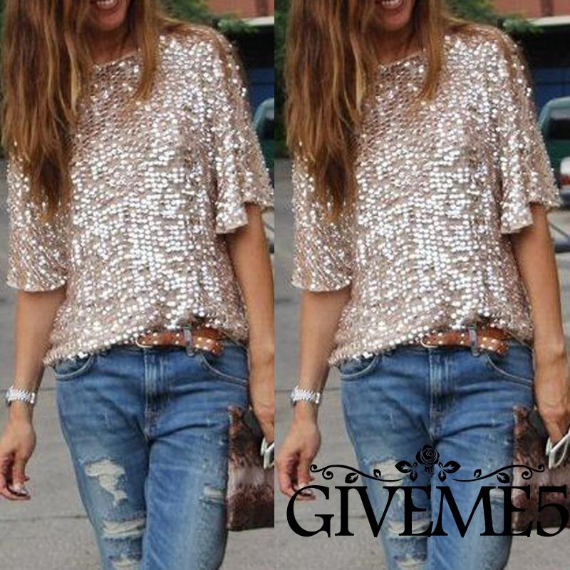 ❆❀✯Women Sequins Bling Shiny Sleeveless Top Casual Loose Off Shoulder Top