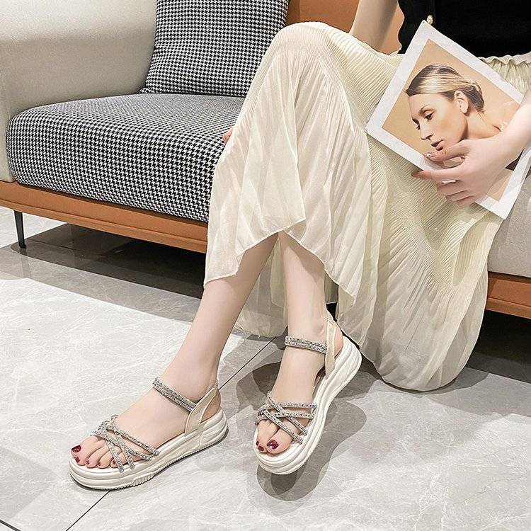 Dép Sandal Đế Dày Phẳng Dày Đính Đá Thời Trang Mùa Hè Hàn Quốc Dành Cho Nữ