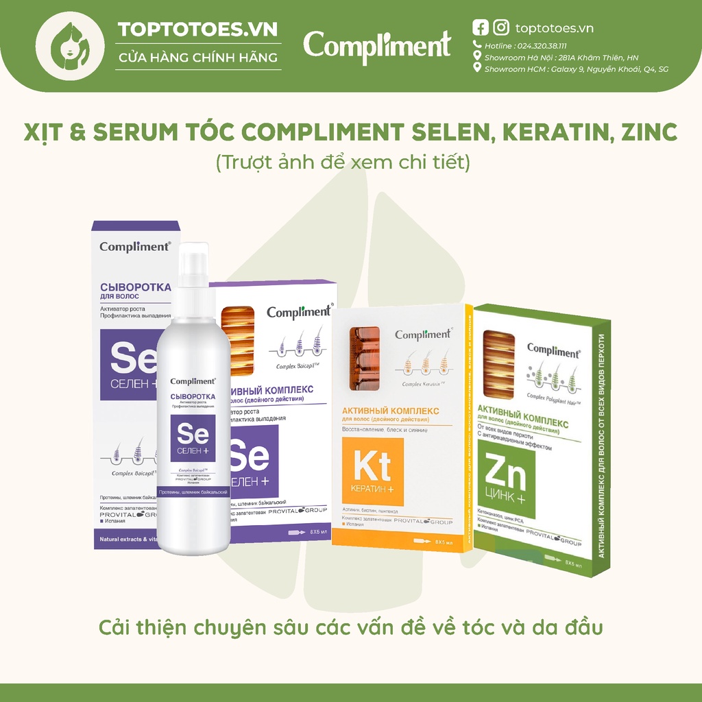 Xịt & Serum tóc Compliment Selen, Keratin, ZinC phục hồi, giảm rụng, kích mọc tóc, giảm gàu ngứa