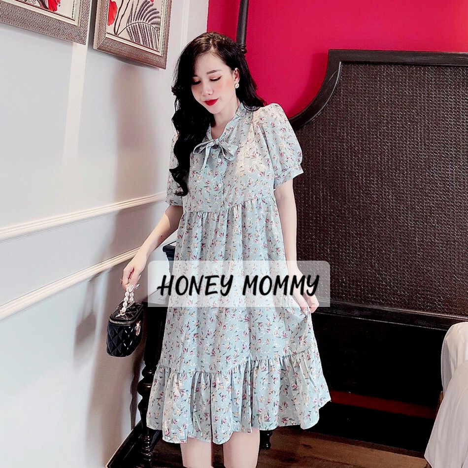 Váy Bầu Hoa Nhí Cho Con Bú Cổ Nơ HD2832 Honey Mommy Đầm Bầu Hè Ngắn Tay Công Sở Đi Chơi Đuôi Cá