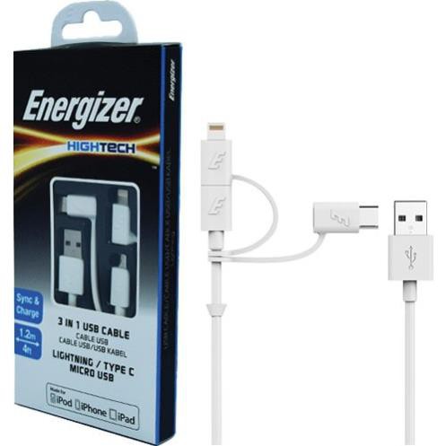 Cáp 3 trong 1 Micro USB - Lightning - USB Type-C Energizer 1.2m C11UBX3CF - Hàng chính hãng