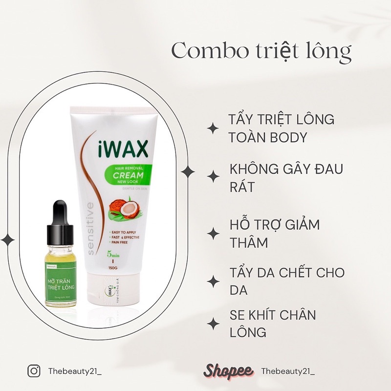 Kem Tẩy Triệt Lông Toàn Thân Iwax 150ml + Mỡ Trăn Triệt Lông 20ml