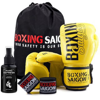 Combo Găng Tay Boxing Saigon + Băng Tay 4m5 (tặng túi rút & xịt) - Vàng