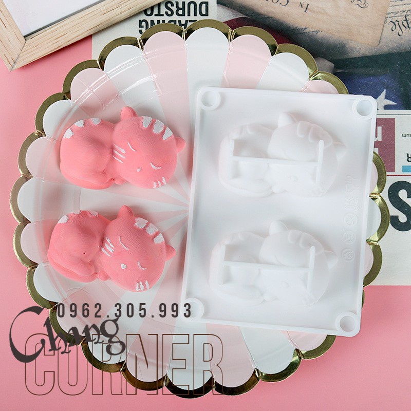Khuôn nến thơm, khuôn pudding khuôn 3D dễ thương hình mèo 2 ô