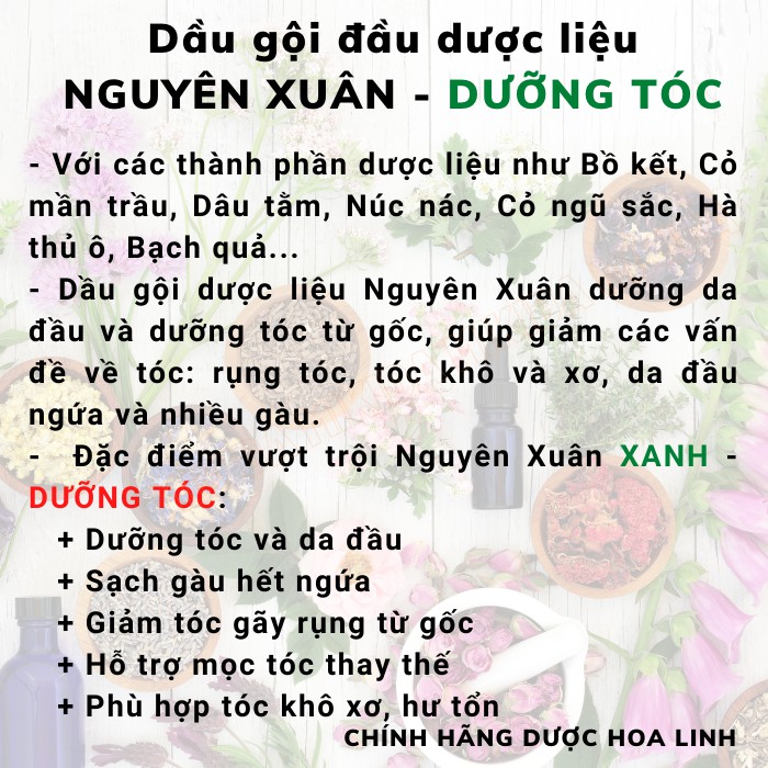 Dầu Gội Dược Liệu Nguyên Xuân Xanh 350ml - Dưỡng Tóc - Phù hợp cho tóc khô xơ, hư tổn