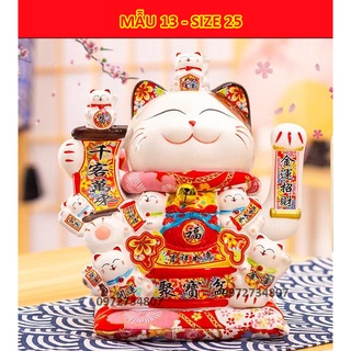 Mèo Thần Tài Vẫy Tay Phát Tài Phát Lộc Gốm Sứ Cao Cấp ( Kèm đệm đỏ và dây cắm ) size 29 cả đệm