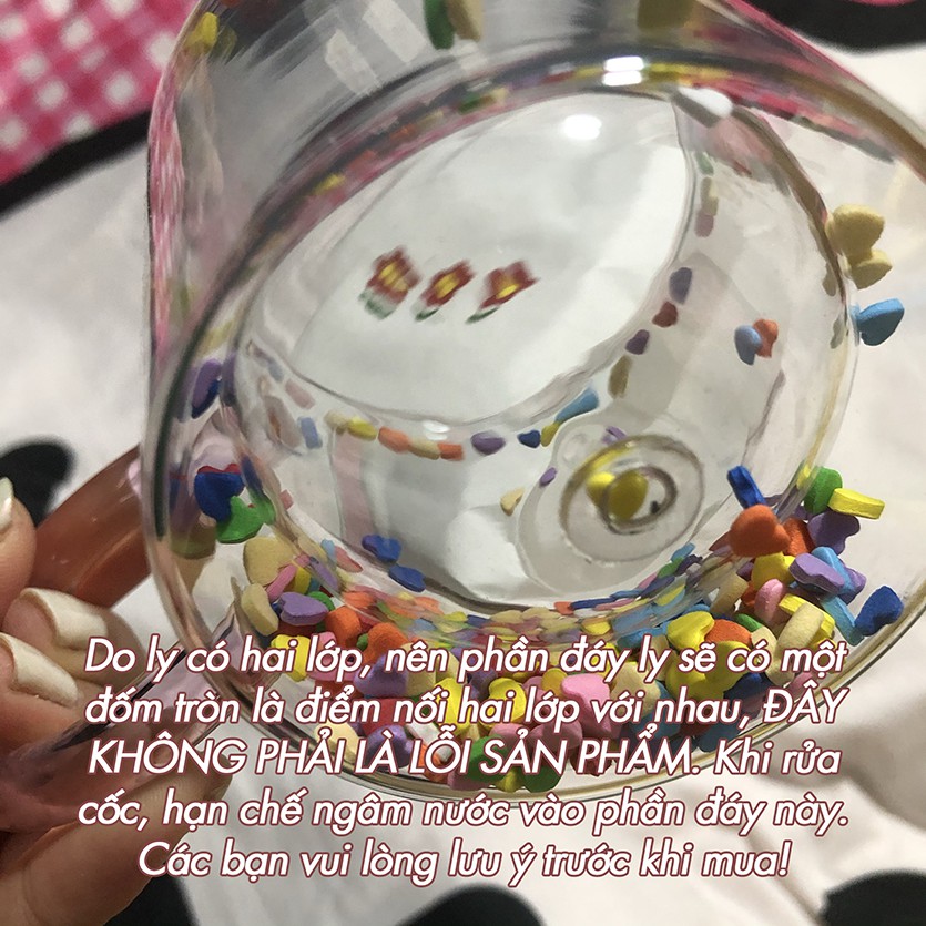 Ly, Cốc Thủy Tinh Hai Lớp Đáy Có Hạt Màu Heart Shaker Sprinkle