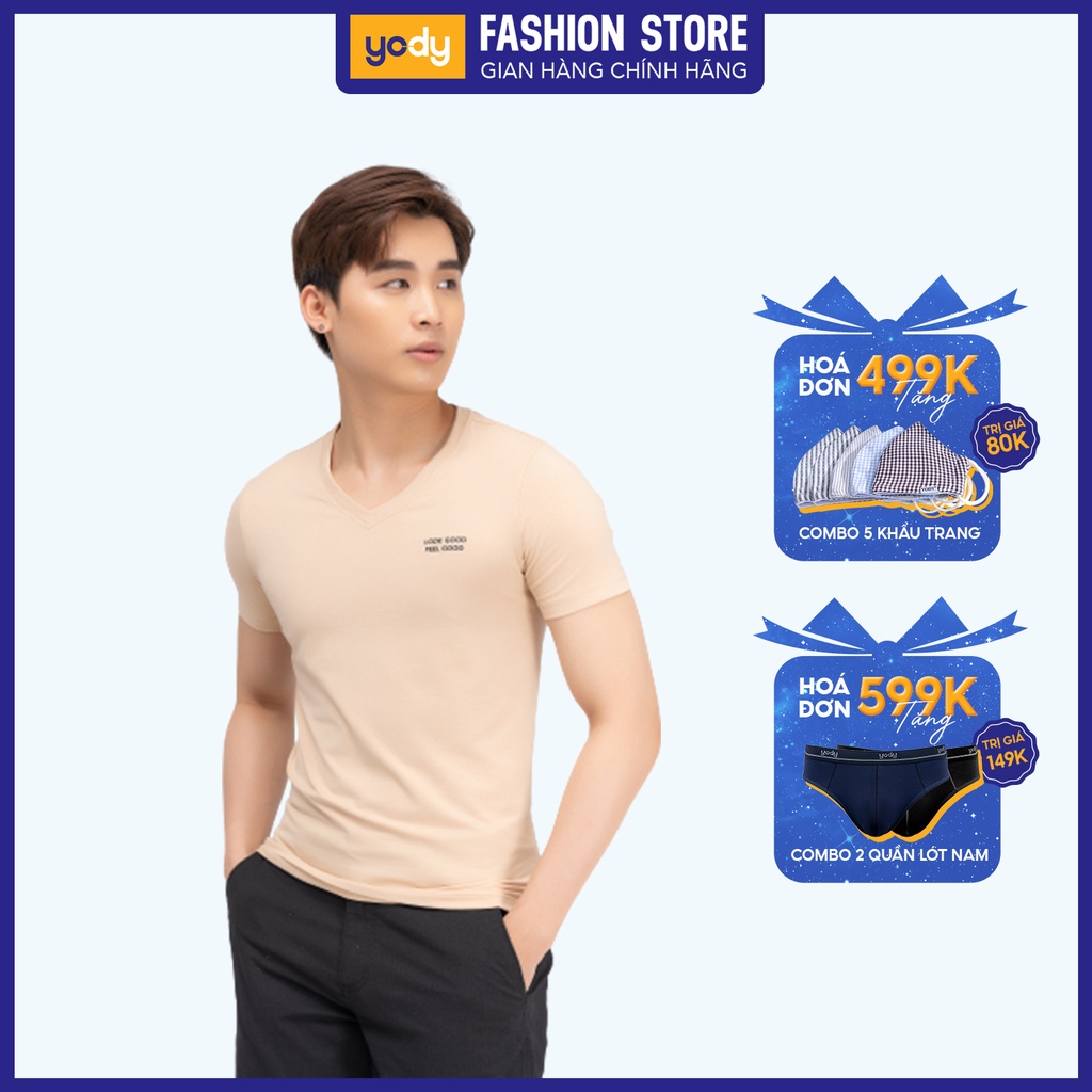 Áo phông nam YODY cổ tim form rộng vải cotton thoáng mát PPM3997