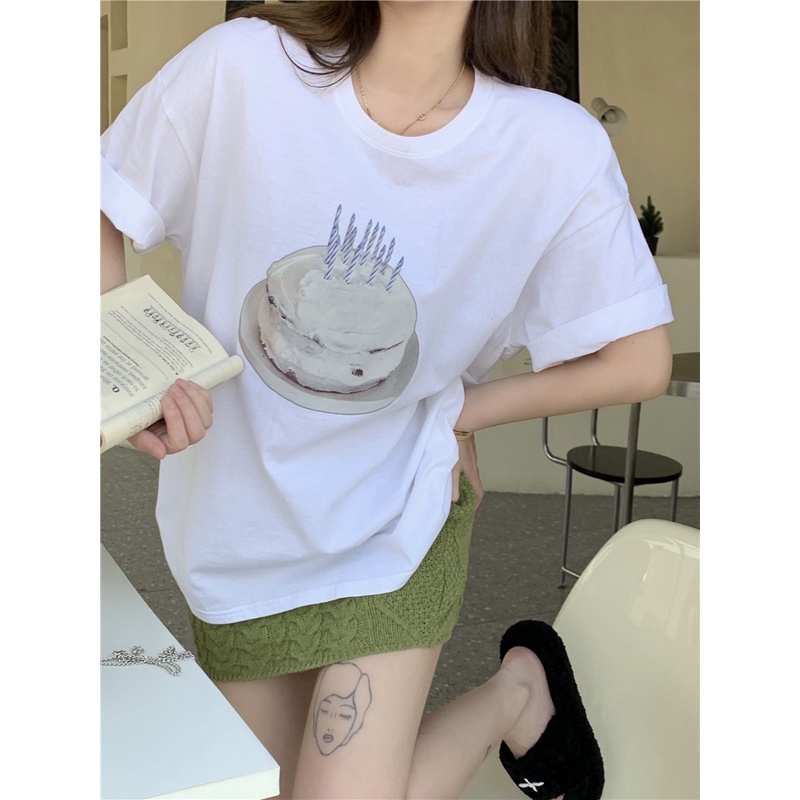 Áo Thun Cộc Tay In Hình Bánh Kem Cổ Điển Mùa Hè 53840