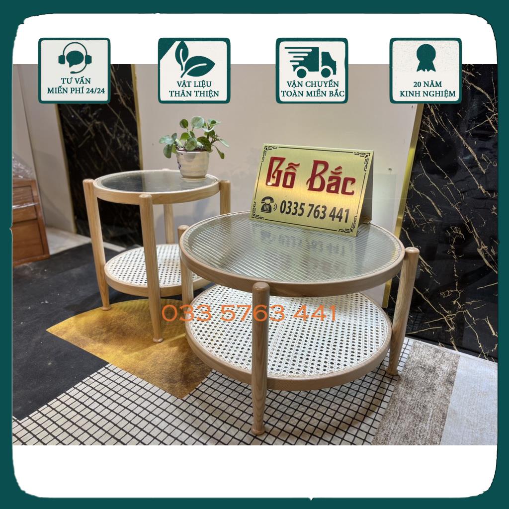 Bàn trà DECOR mẫu mới 2021 đường kính D60 hoặc D40 tùy chọn khung gỗ sồi nga, kính lượng sóng