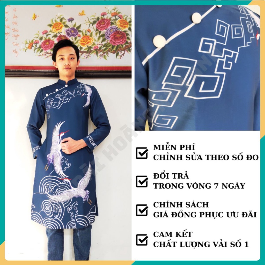 ÁO DÀI NAM CÁCH TÂN XANH DƯƠNG IN CÒ VÀ HỌA TIẾT TRUYỀN THỐNG