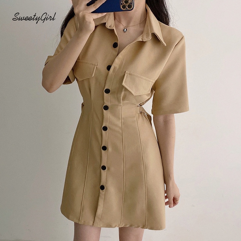 Đầm Tay Ngắn Cổ Bẻ Cài Nút Màu Trơn Eo Cao 2022 Thời Trang Cho Nữ