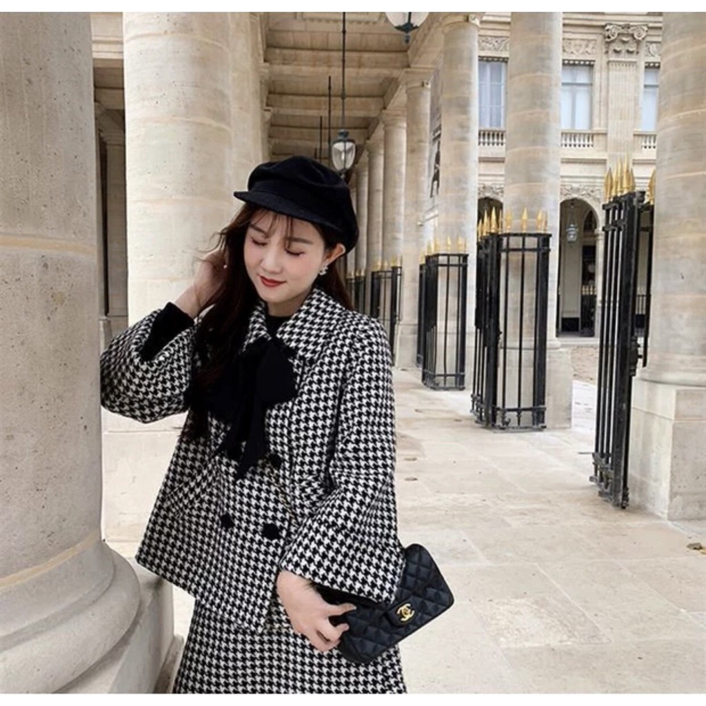 [Ảnh thật/Video] Áo khoác dạ kẻ ziczac đen trắng thắt nơ dáng rộng ulzzang - Áo dạ kẻ caro nhỏ kèm nơ siêu xinh | BigBuy360 - bigbuy360.vn
