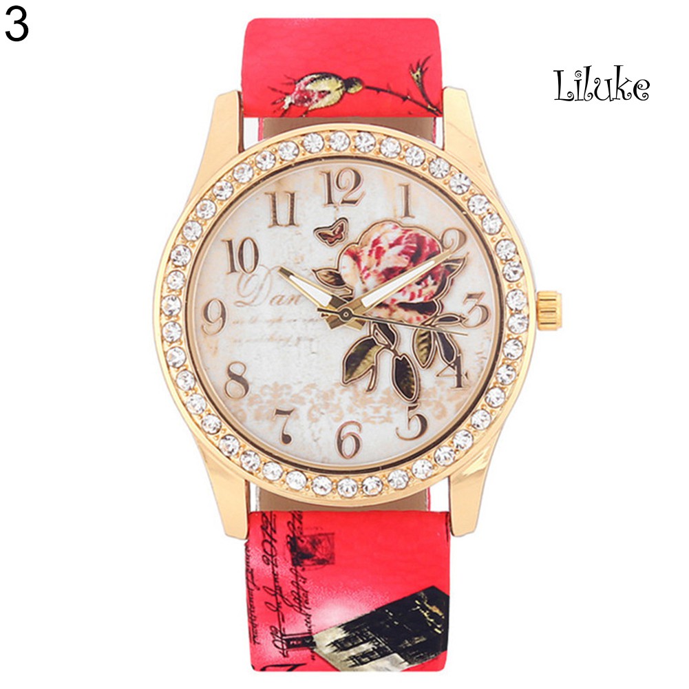 Đồng Hồ Đeo Tay Họa Tiết Hoa Hồng Đính Đá Thời Trang Xinh Xắn Cho Nữ