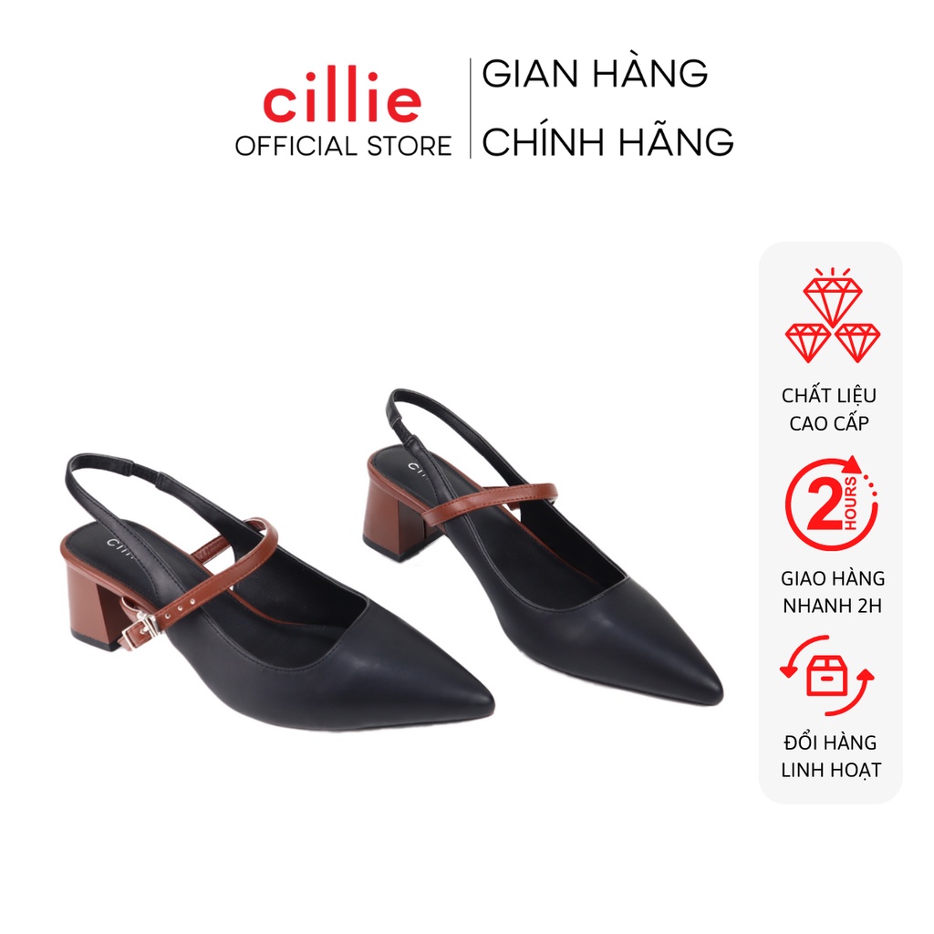 Giày sandal nữ mũi nhọn thanh lịch phối màu độc đáo gót vuông 5cm đi chơi đi làm Cillie 1172