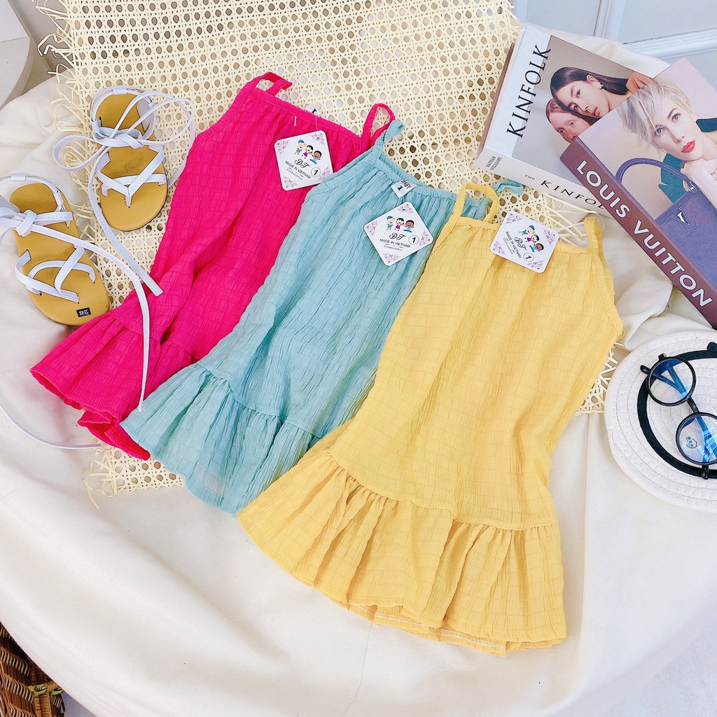 Váy 2 Dây Đón Hè Cho Bé Gái Chất Liệu Vải Đũi Nhăn Co Giãn Đủ Size Từ 8-20Kg VNXK Nhật-Hàn