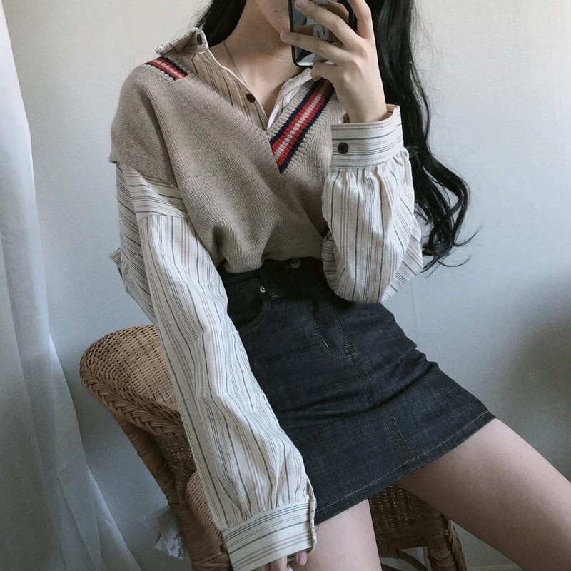 Set áo gile len và sơmi