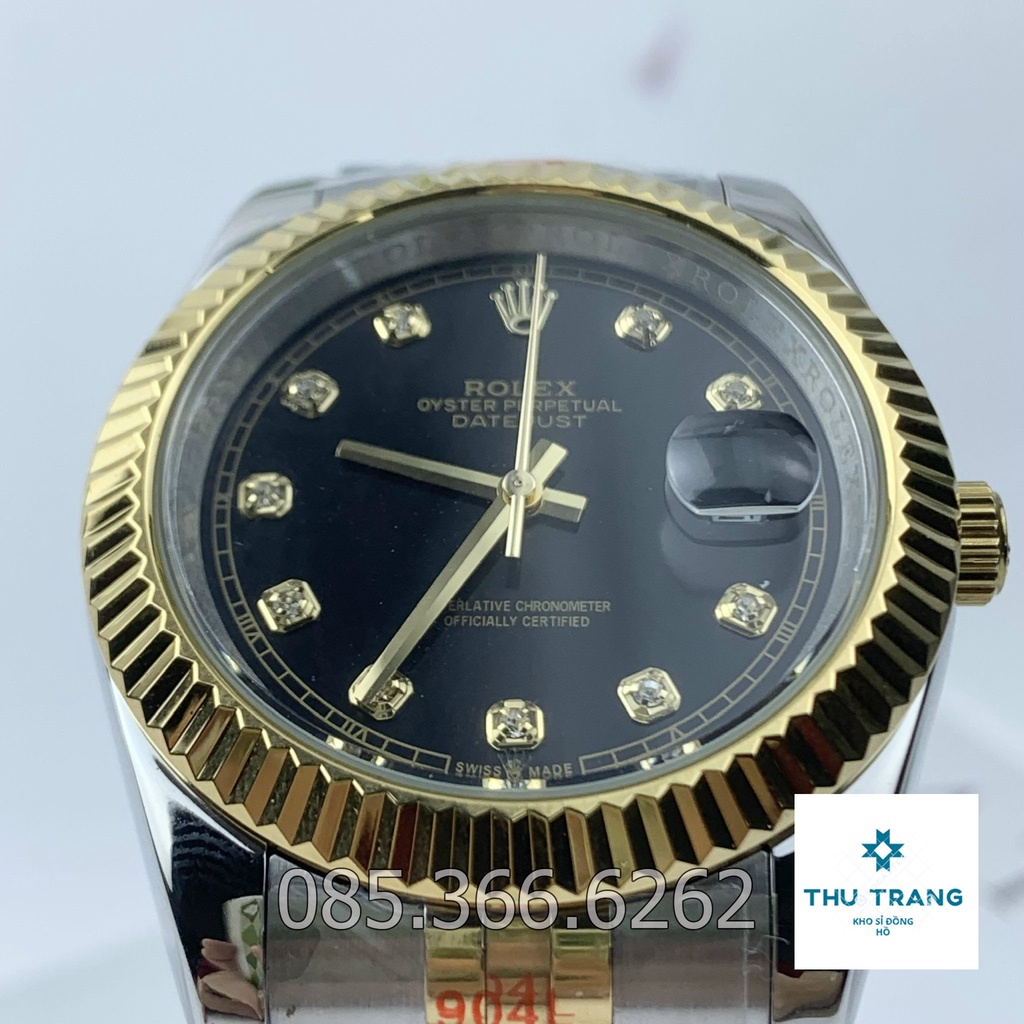 Đồng hồ Nam Rolex máy nhật, mẫu classic, mặt đen viền vàng dây kim loại, dòng cơ Automatic size 39mm-40mm