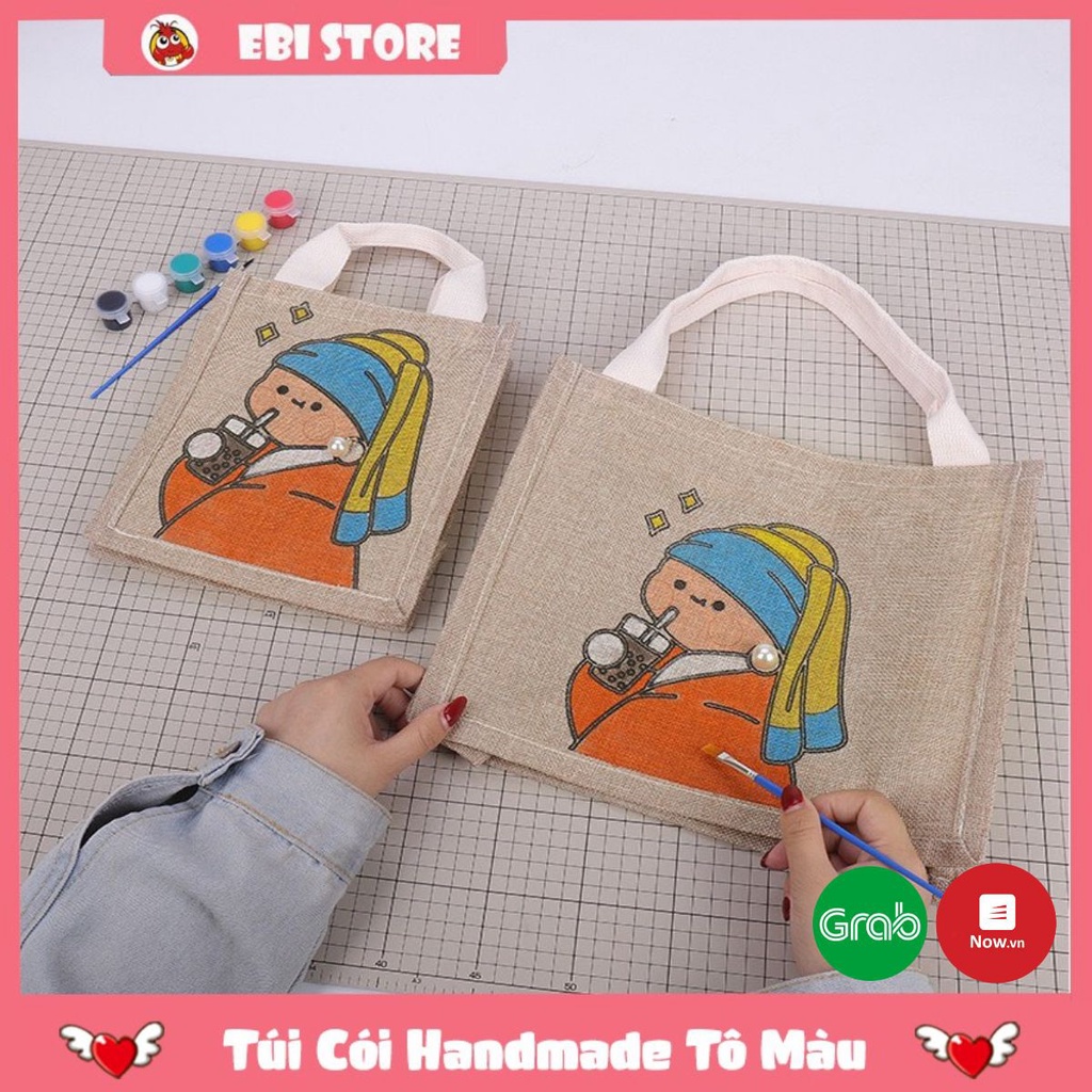 Túi Handmade ❤️ Ebi Store - Freeship ❤️ Túi cói Vintage đầu đủ bút lông, hộp màu tô tranh hình vẽ xinh xắn