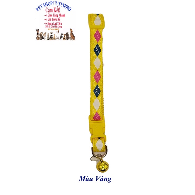 Vòng cổ kèm chuông cho Chó Mèo dưới 5kg In hình tứ giác Bản rộng 1cm Chất liệu dù bền chắc, Có thể điều chỉnh to nhỏ