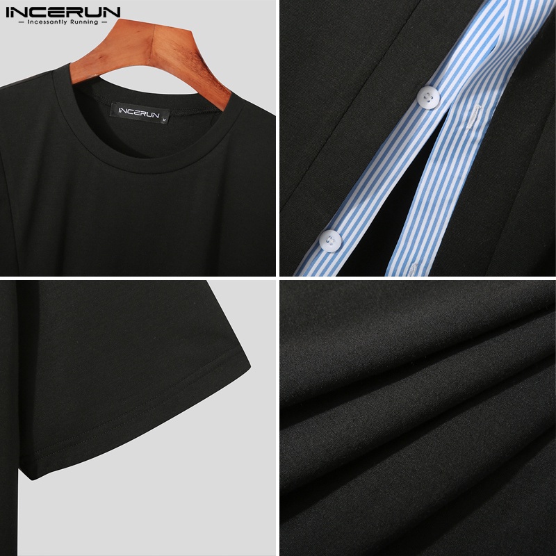 Áo thun INCERUN tay ngắn thiết kế ghép phối sọc kiểu mùa hè cho nam