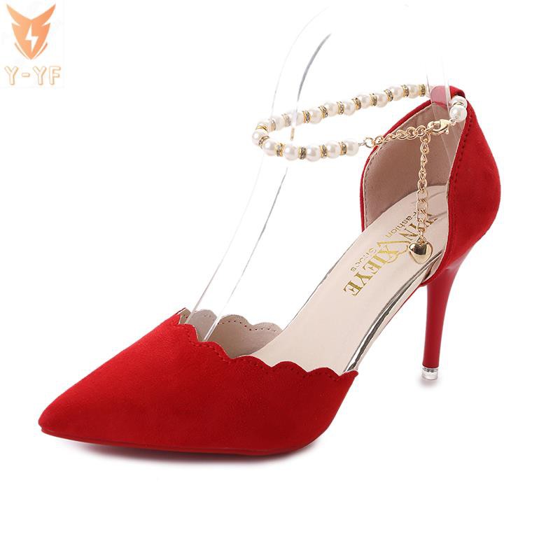 [High quality]One word buckle women's shoes 2021 new summer mid-heeled shoes female Korean version of all-match pointed high heels stiletto ladies shoes