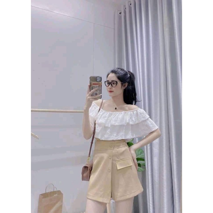 Bộ Áo Trễ Vai Tầng Phối Quần Kaki CaMa Store