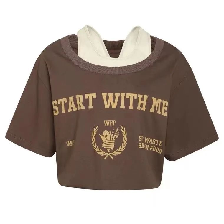 Áo Croptop Tay Ngắn Giả Hai Lớp In Họa Tiết Phong Cách Retro Mỹ Quyến Rũ Cho Nữ